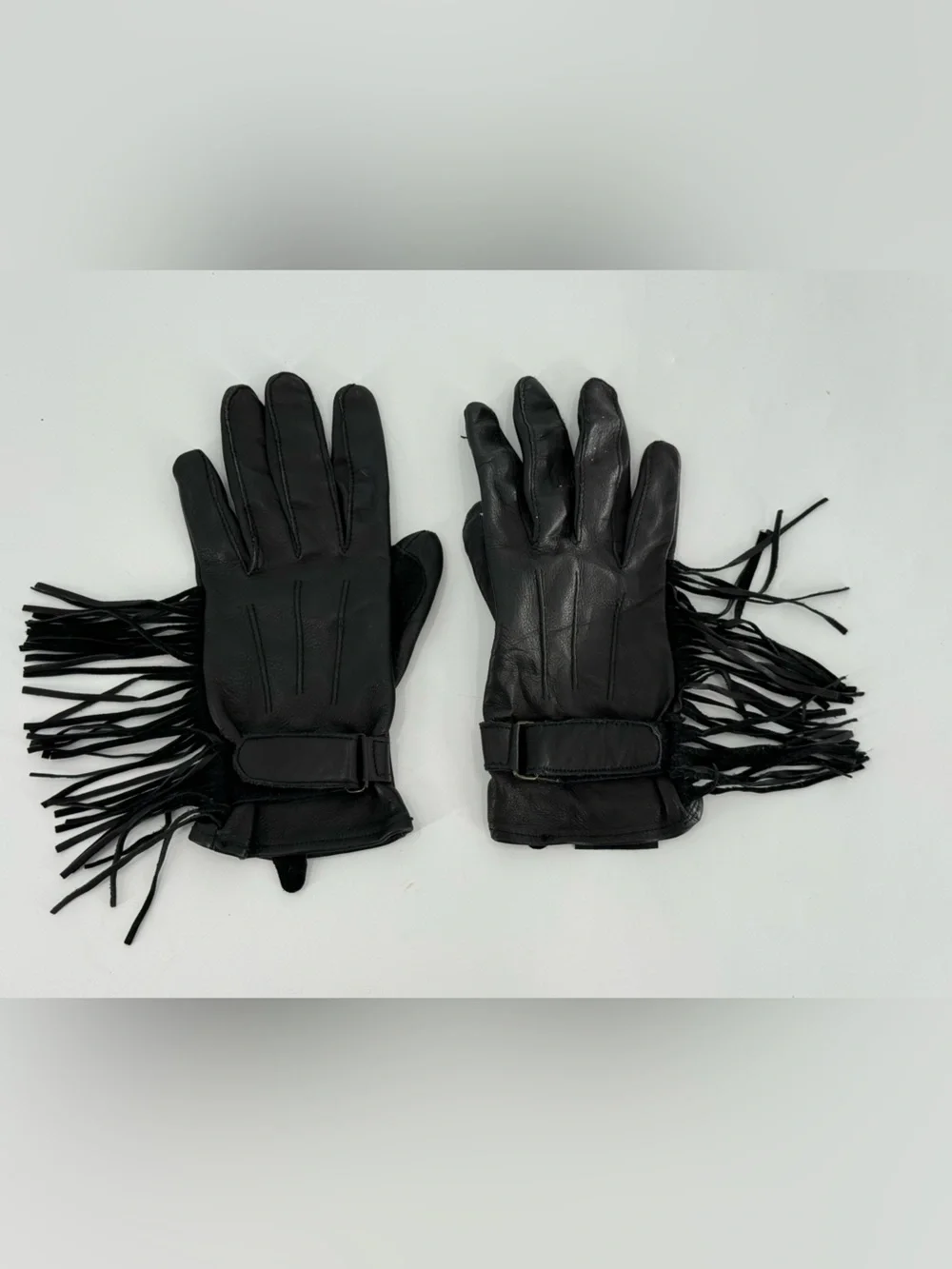 Bikers Club Vintage Ladies Leather Biker Gloves Fringe Black Leather M